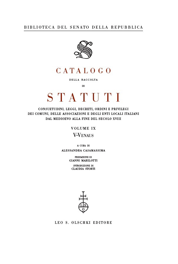 Catalogo della raccolta di statuti Vol. IX (V -Venaus)